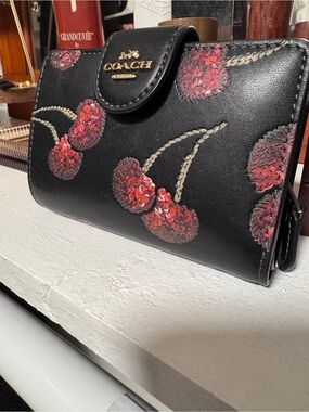 Coach Black Wallet with Red Sequin Cherry Motif